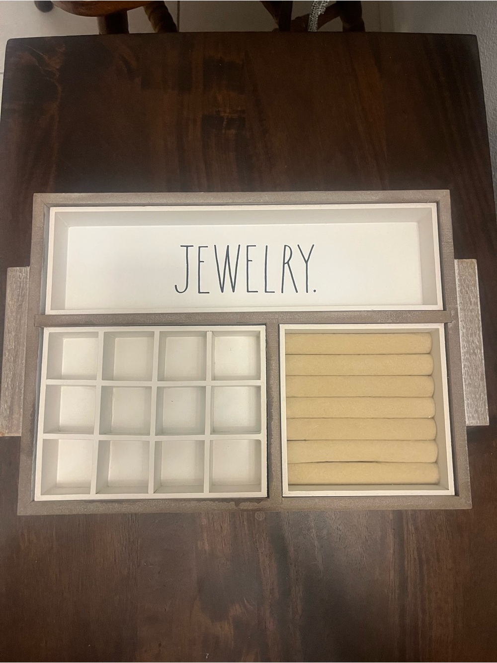 Rae Dunn Jewelry Organizer Tray in White and Brown with Tan Ring Rolls